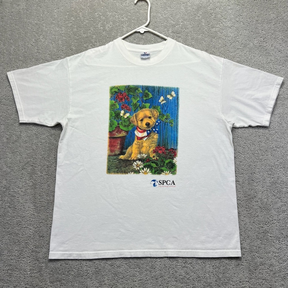 VINTAGE Yazbek T-Shirt Mens XL White SPCA International Puppy Graphic Americana